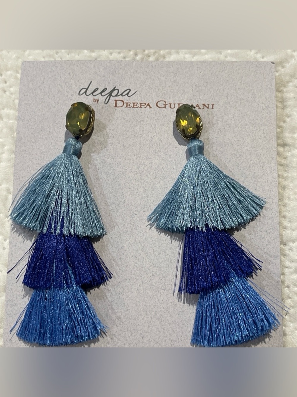 Deepa by Deepa Gurnani Blue Tiered Tassel Drop Earrings with Olive Gem Studs